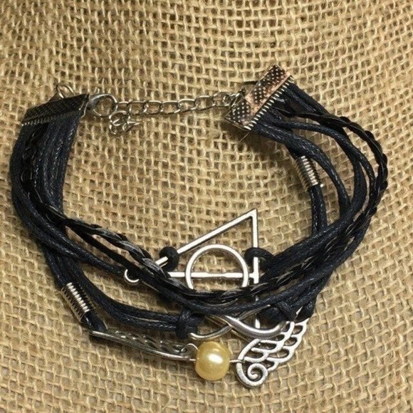 Jewelry Harry Potter Bracelet Deathly Hallows Black Leather Quidditch